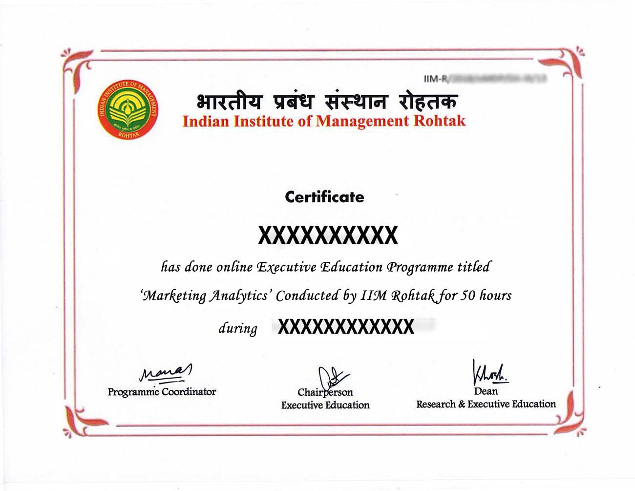 IIM Rohtak Certificate